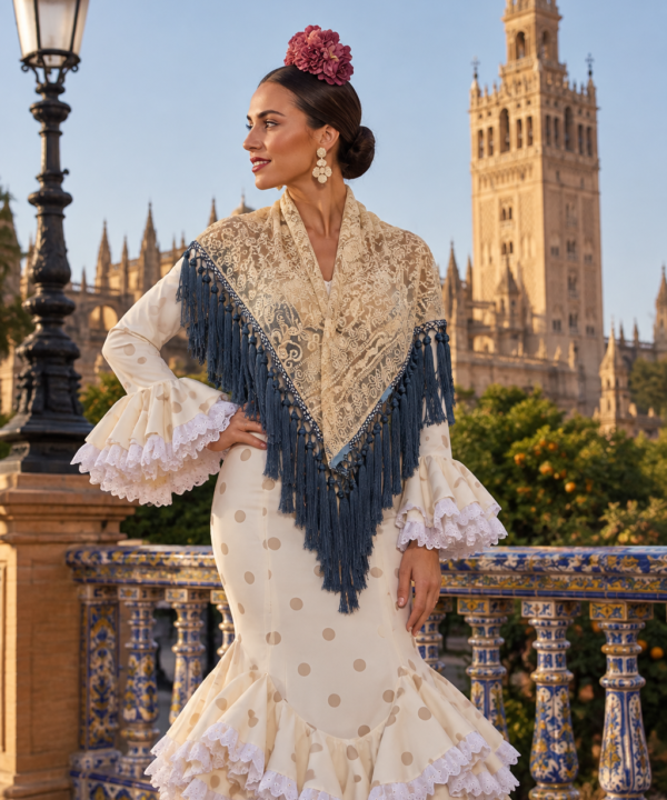 Mantoncillo encaje bordado beige con fleco azul