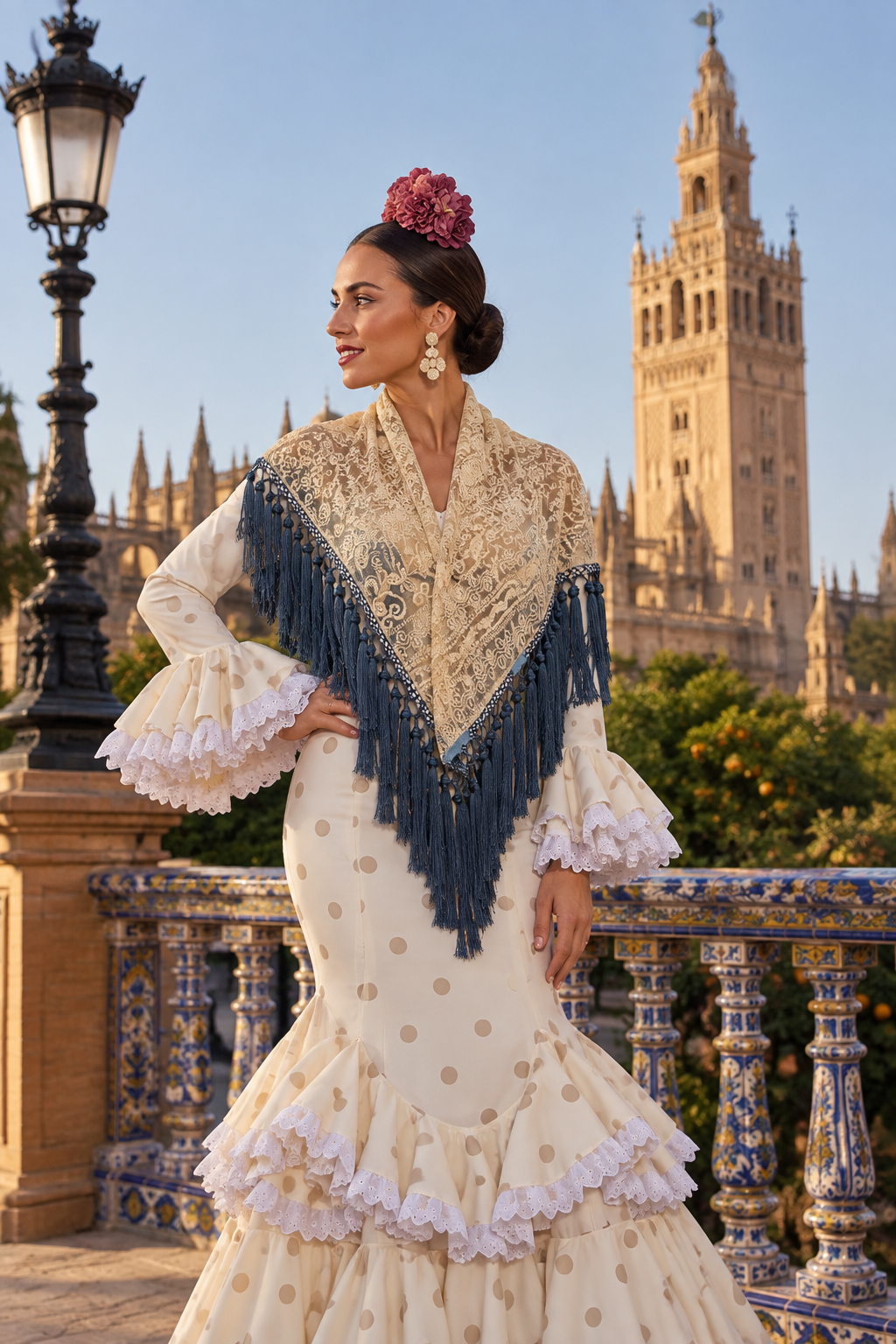 Mantoncillo encaje bordado beige con fleco azul